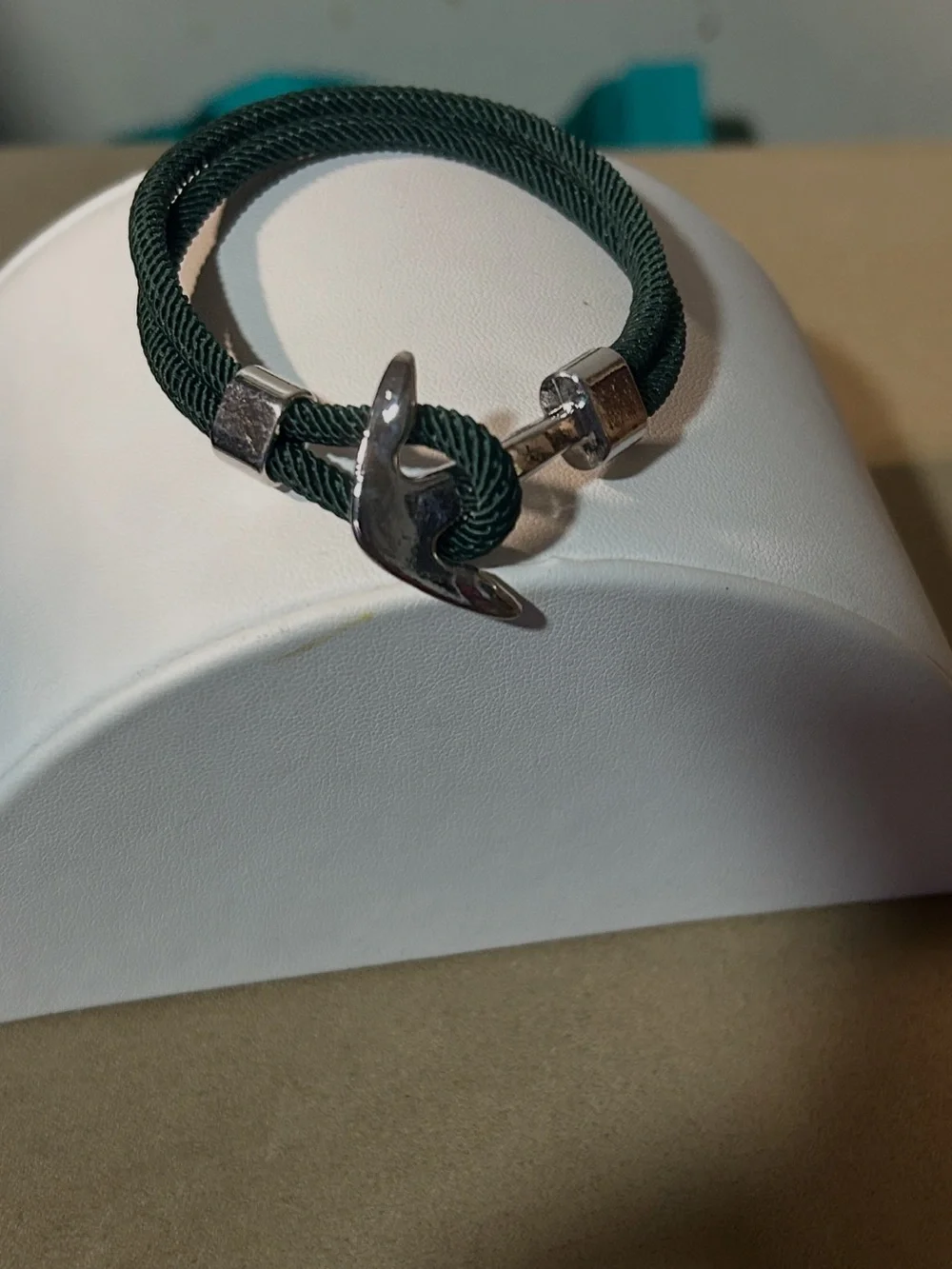 Green Rope Anchor Bracelet for Men - Silver Accent